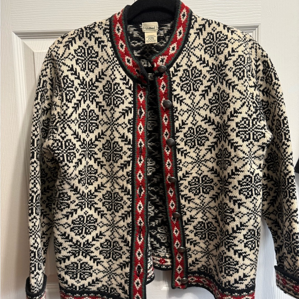L.L. Bean Black and White Knit with Red and Green Accents